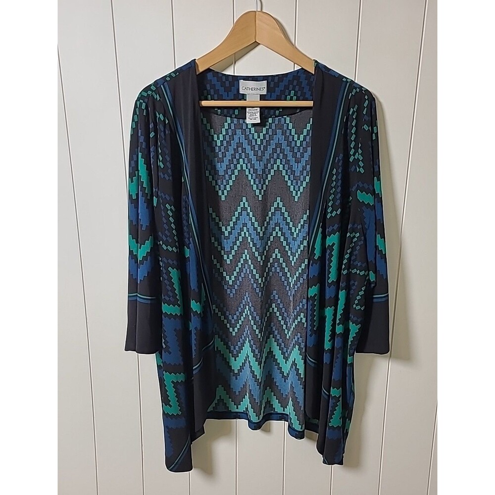 Catherines Open Cardigan Womens Sz 2X 22/24W Black Blue Geometric Stretch